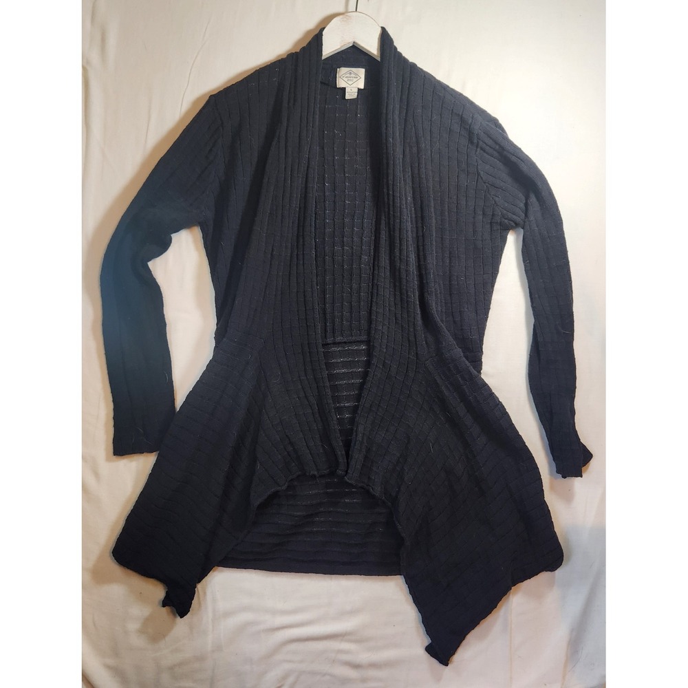 St Johns Bay Womens Black Cotton Ribbed Open Front Cardigan Sweater Large